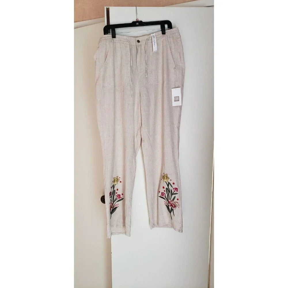 NEW STYLE ME BEACH LINED EMBROIDERED PANTS SZ LARGE - Picture 3 of 6